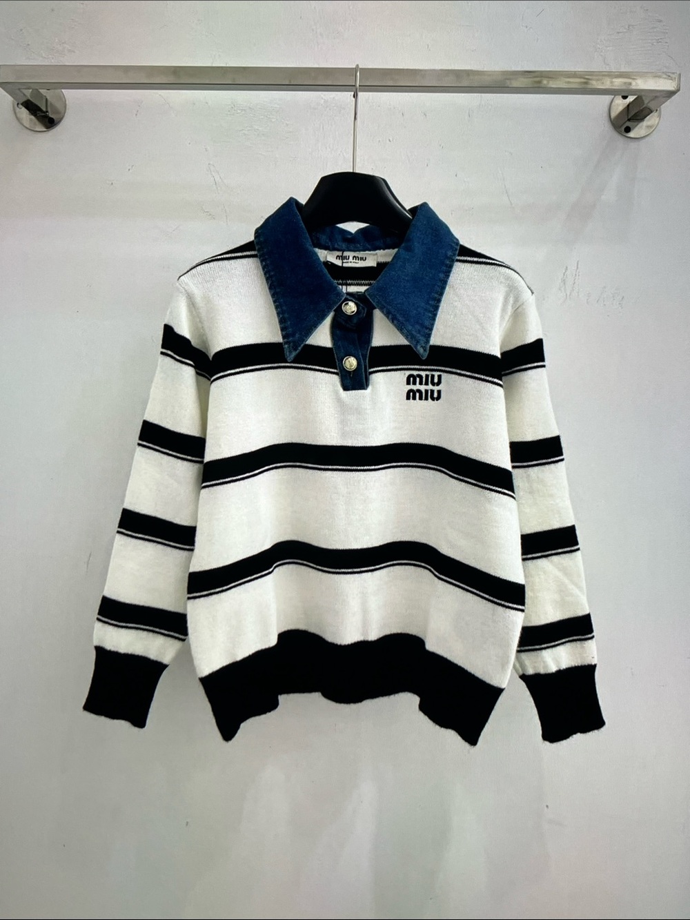 Miu Miu White Crewneck Sweater with Black Stripes & Blue Denim Collar